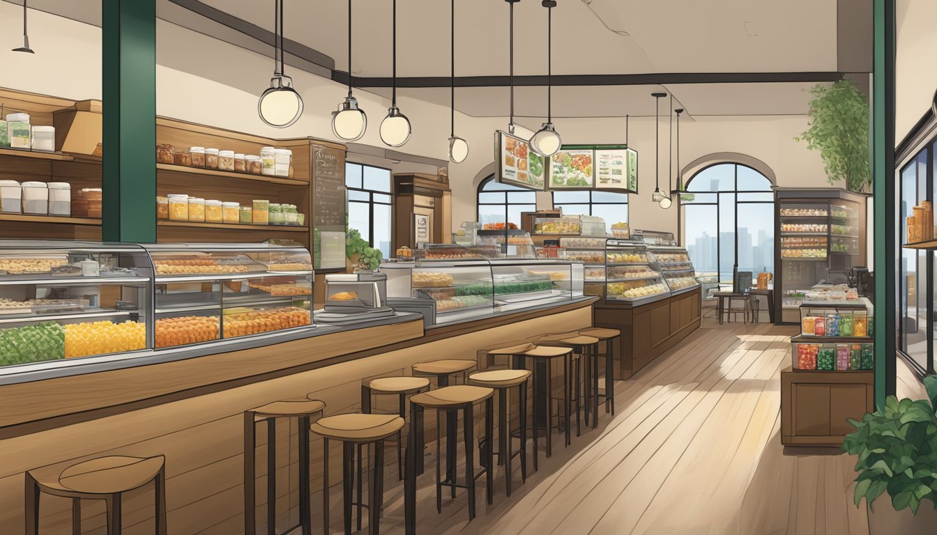 A bustling Starbucks store with a variety of healthy breakfast options on display, including oatmeal, fruit cups, and yogurt parfaits. The menu prominently features nutritional information and fresh, vibrant ingredients