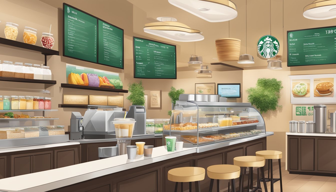 A bustling Starbucks store with a variety of breakfast items displayed on the menu board, including healthy options such as oatmeal, yogurt parfaits, and fruit smoothies