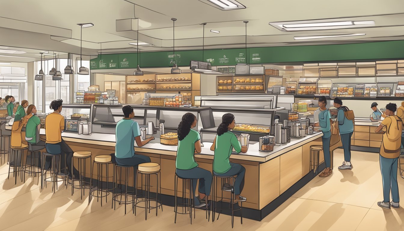 A bustling Starbucks store with breakfast items displayed and customers lined up at the counter, while employees work efficiently to serve them