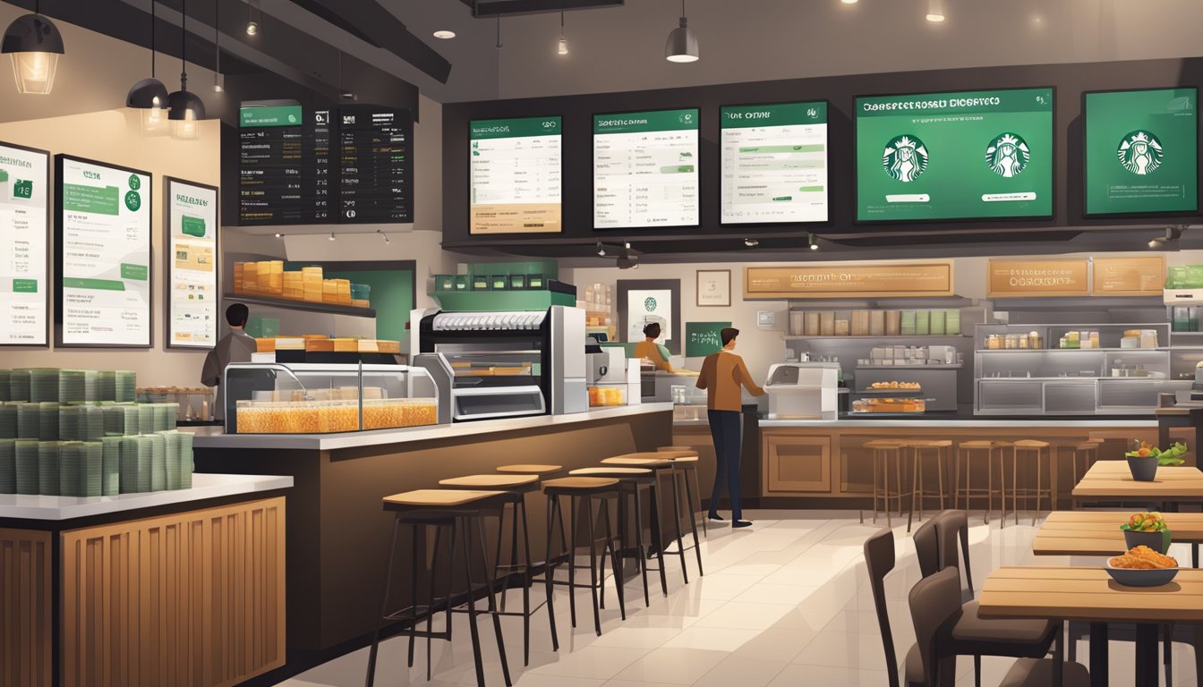 A bustling Starbucks store with modern technology and innovative equipment. A breakfast menu displayed with pricing and profitability charts