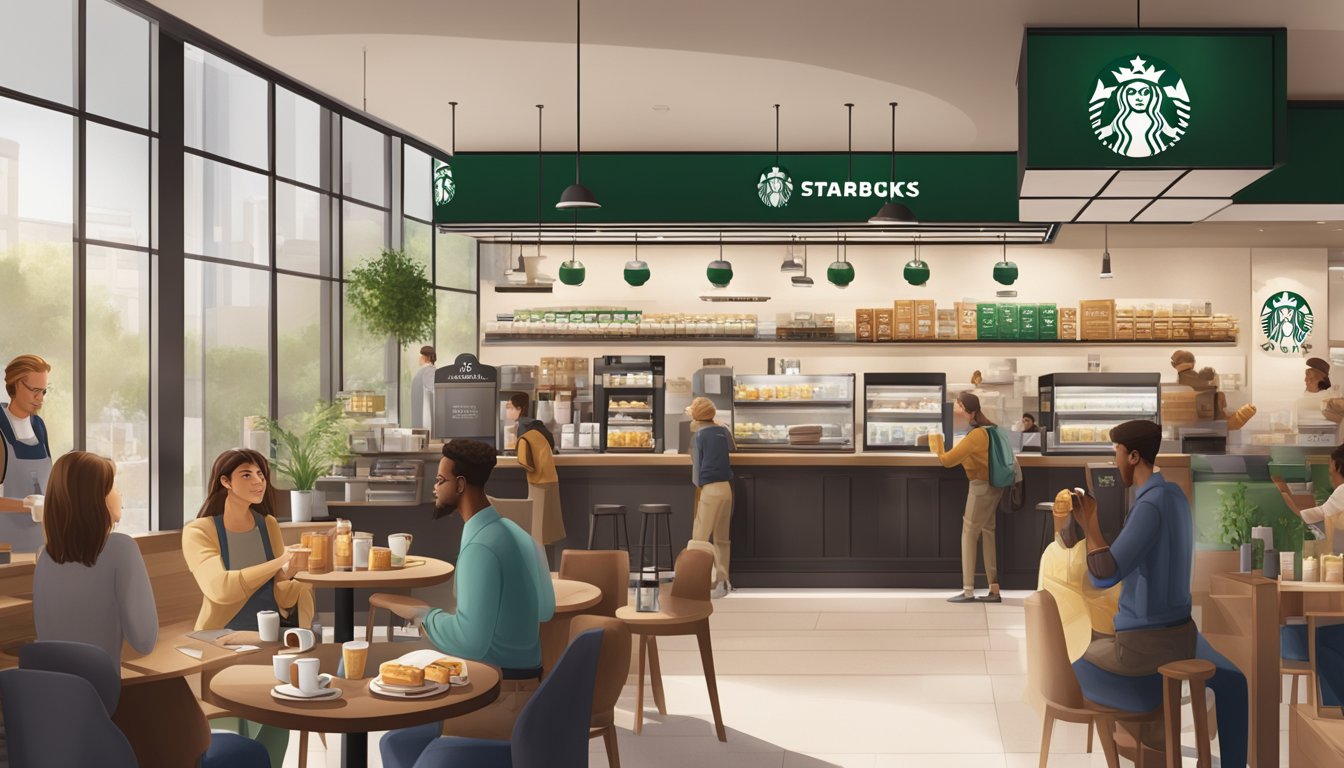 A bustling Starbucks store with customers enjoying breakfast and engaging with staff. Loyalty cards and promotional signs visible