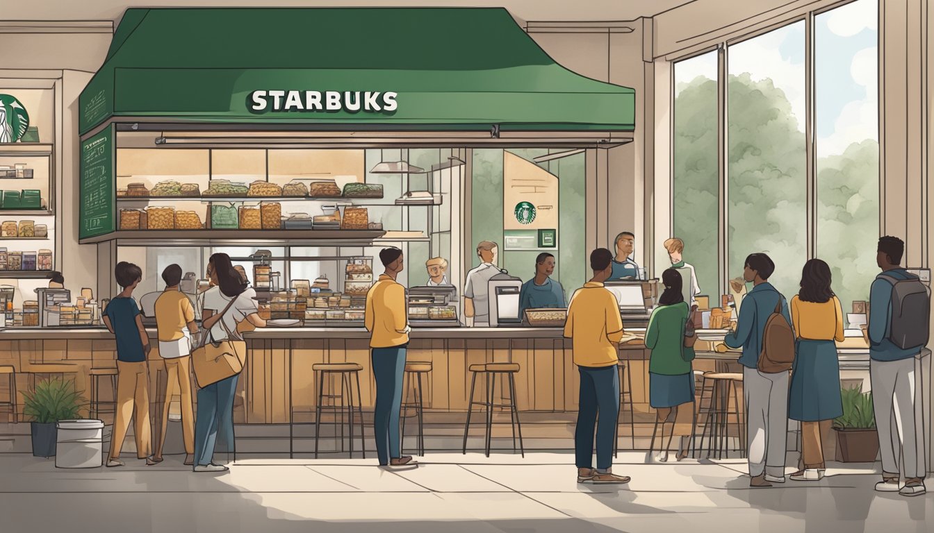 A bustling Starbucks store with a line of customers, a display of breakfast items, and a chart showing rising profits