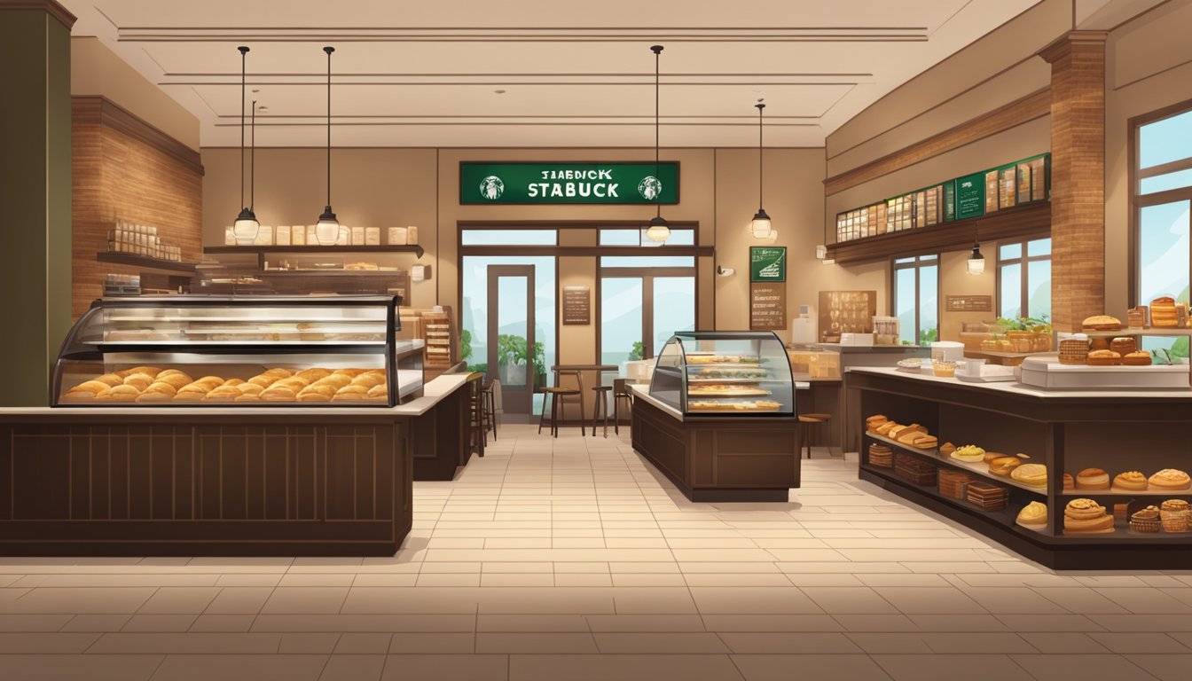 A cozy and inviting Starbucks store interior with a display of freshly baked pastries and a variety of breakfast options on the counter