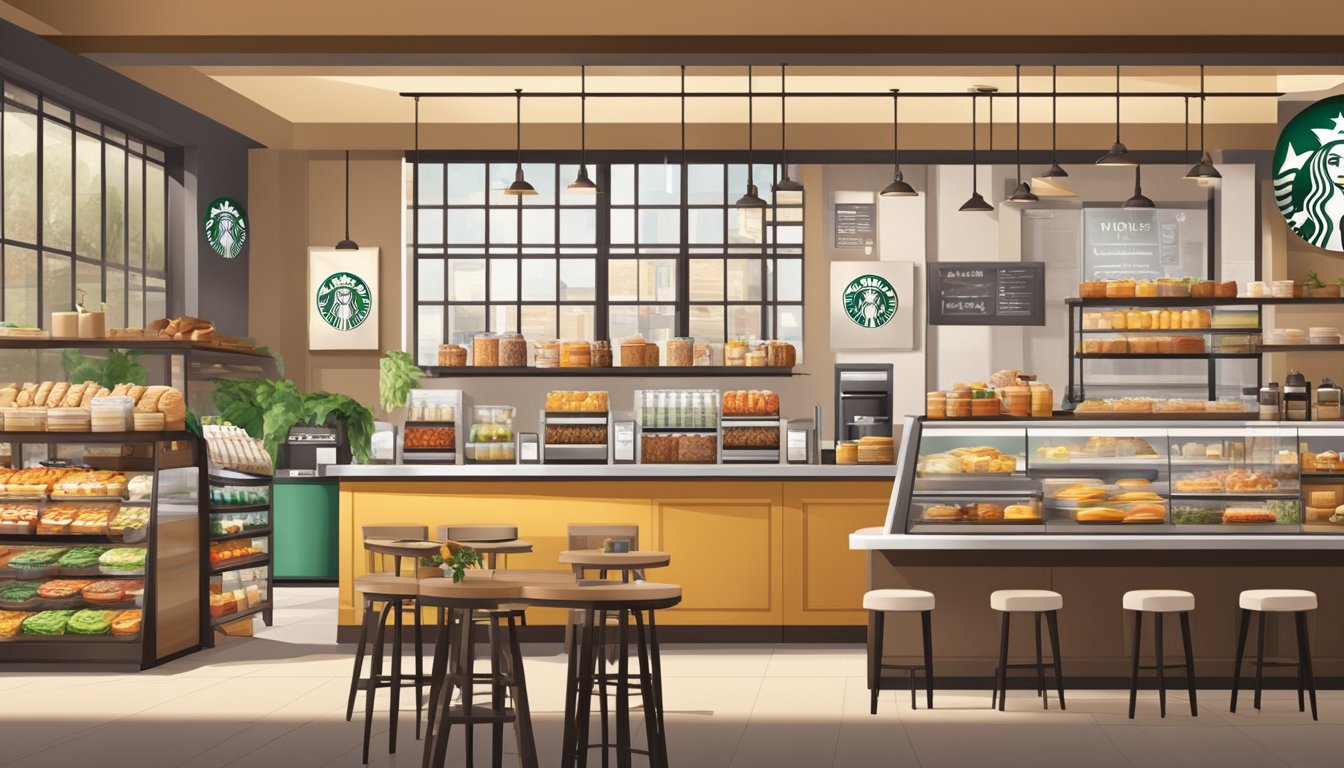 A bustling Starbucks cafe with a diverse array of breakfast items displayed alongside the logo of various food suppliers