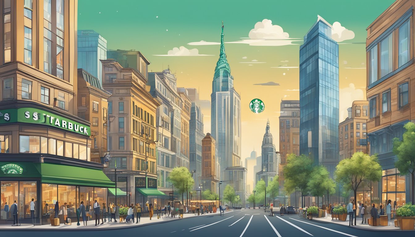 A bustling city skyline with iconic Starbucks storefronts in various international locations, surrounded by symbols of strategic partnerships and global expansion