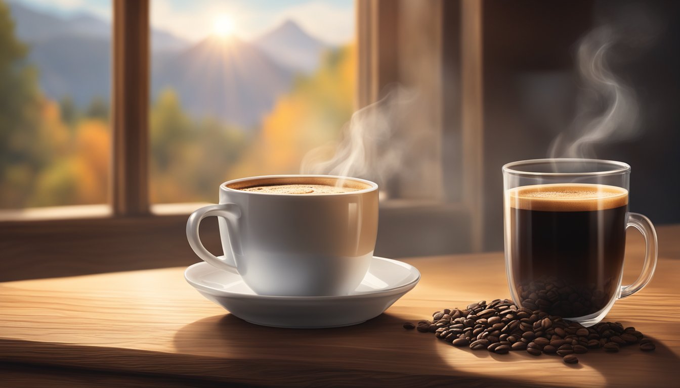 A steaming cup of Dunkin's coffee sits on a rustic wooden table, surrounded by coffee beans and a hint of morning sunlight streaming in through a window