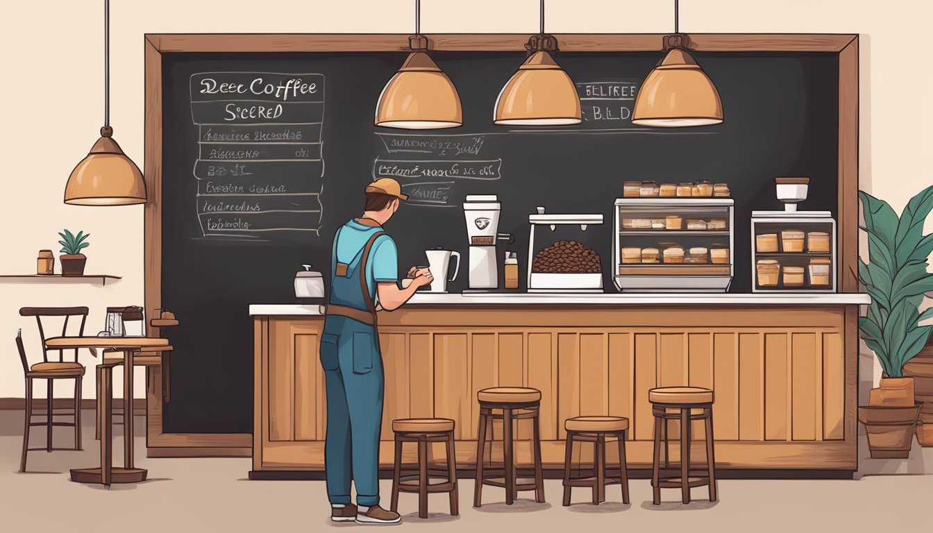 A cozy coffee shop with a chalkboard sign advertising Dunkin's Secret Coffee Blend. A barista carefully measures and grinds the beans, creating a rich aroma