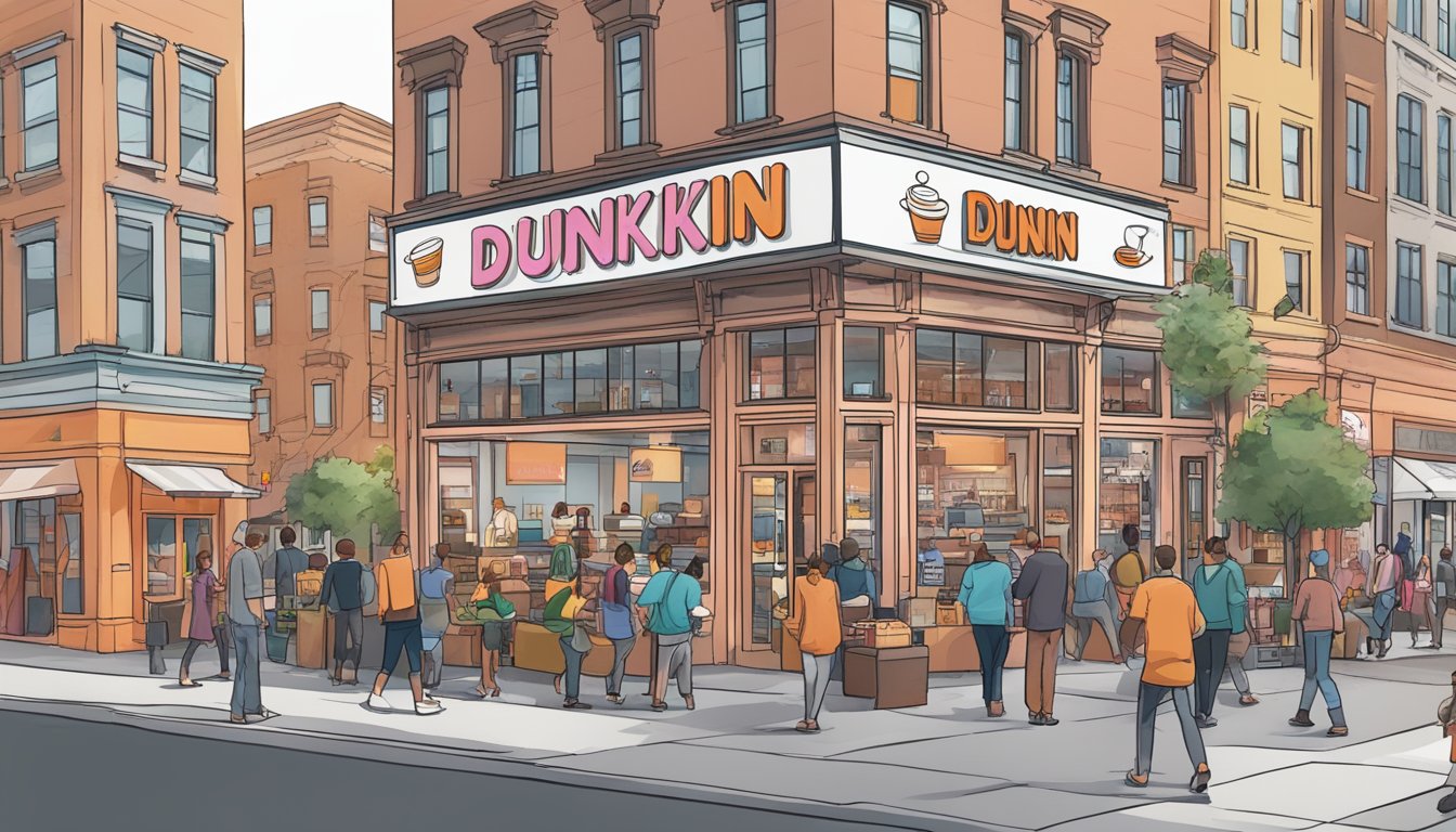 A bustling city street with a small coffee shop at the center, surrounded by other businesses. The shop's sign prominently displays the Dunkin' logo, with customers entering and exiting