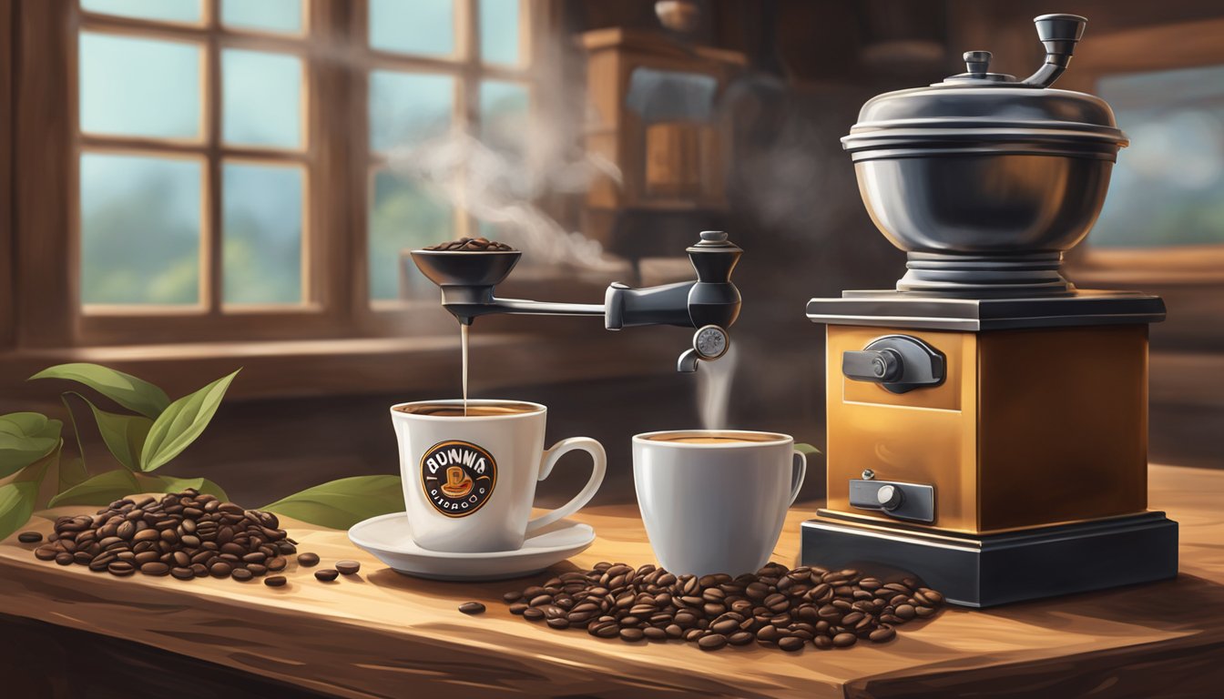 A steaming cup of Dunkin' coffee sits on a rustic wooden table, surrounded by coffee beans and a vintage grinder. The aroma of the rich, addictive blend fills the air