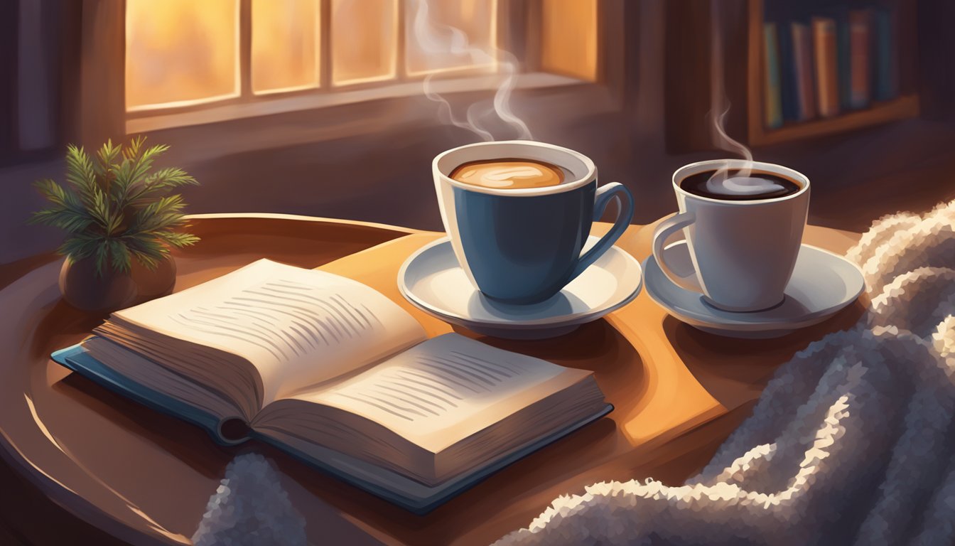 A cozy evening scene with a steaming cup of decaffeinated Dunkin' coffee, surrounded by a warm blanket and a book, creating a relaxing and indulgent atmosphere