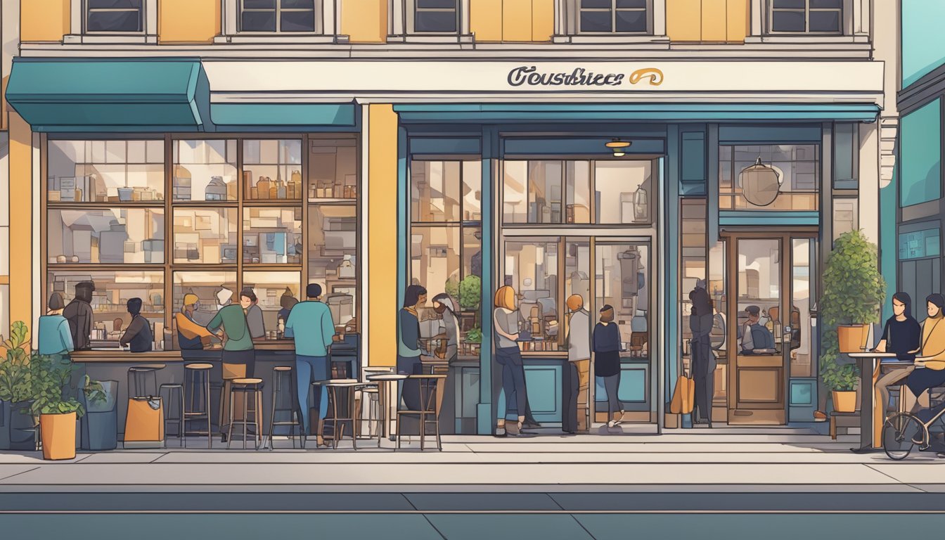 A bustling coffee shop with a line of customers out the door, surrounded by modern buildings and bustling city streets