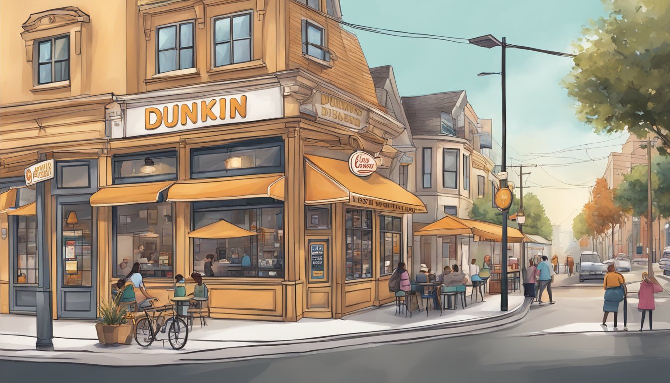 A quaint coffee shop with a sign reading "Dunkin'" surrounded by bustling streets and a warm, inviting atmosphere