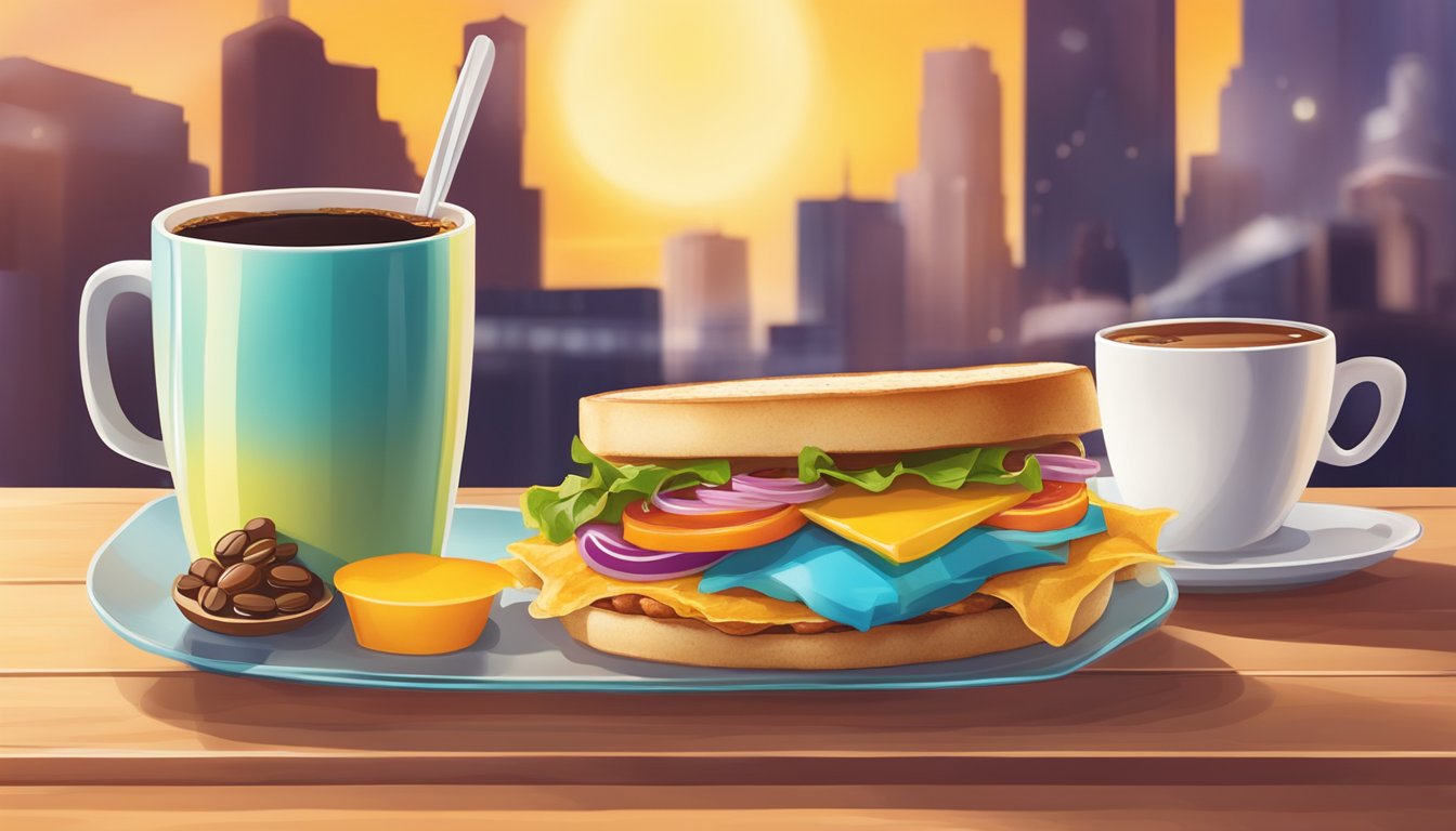 A colorful and vibrant breakfast sandwich with a perfect fusion of sweet and savory ingredients, surrounded by freshly brewed coffee and a warm, inviting atmosphere