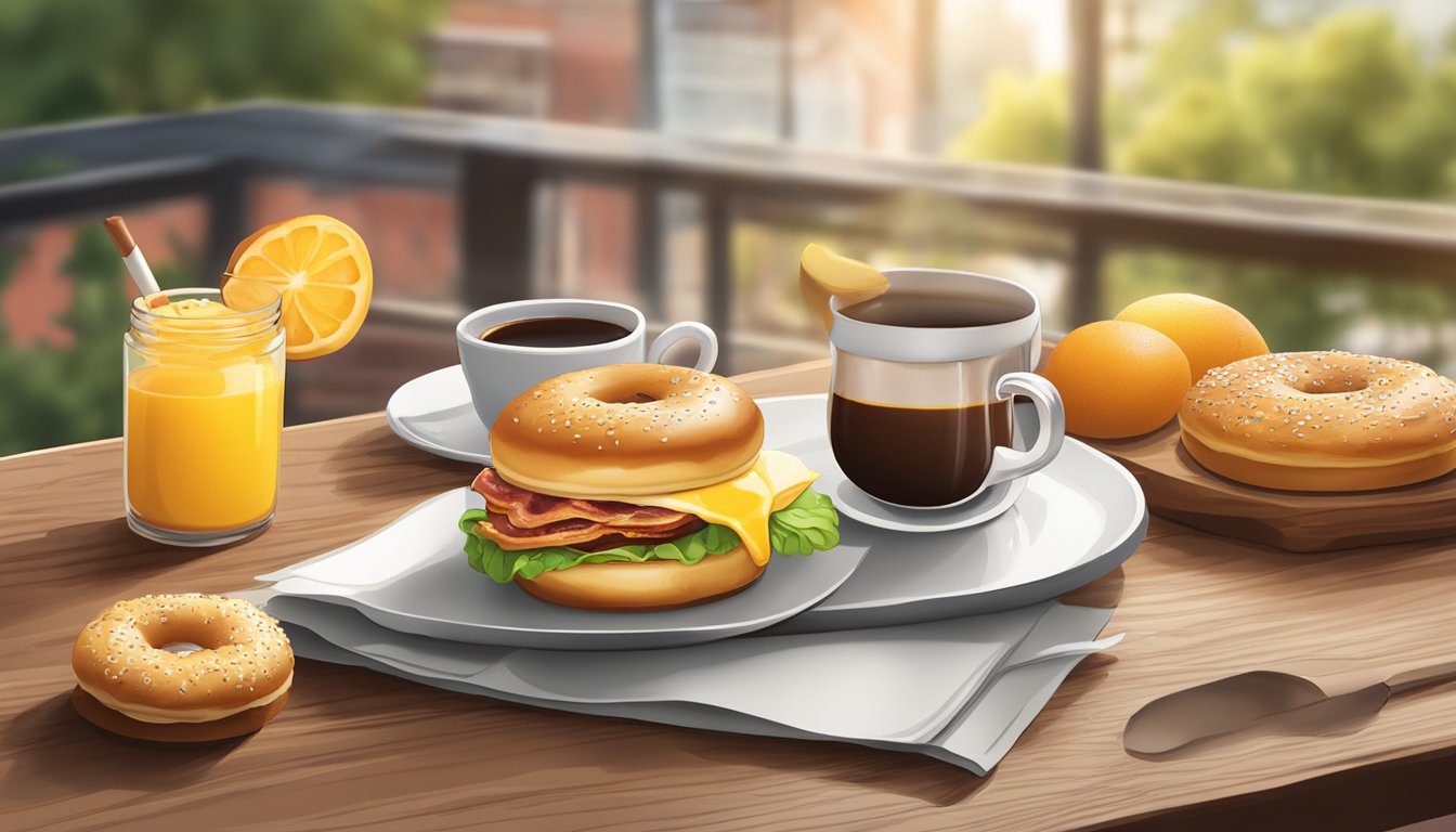 A breakfast sandwich with eggs, cheese, and bacon on a glazed donut, surrounded by fresh fruit and a steaming cup of coffee