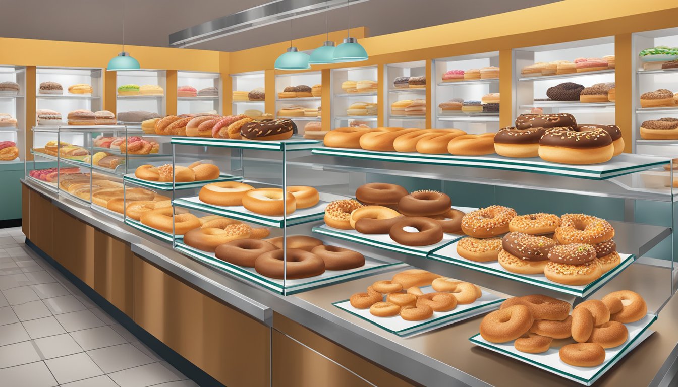 A bustling bakery display showcases a variety of freshly baked donuts and bagels, alongside a colorful array of Dunkin's breakfast sandwiches