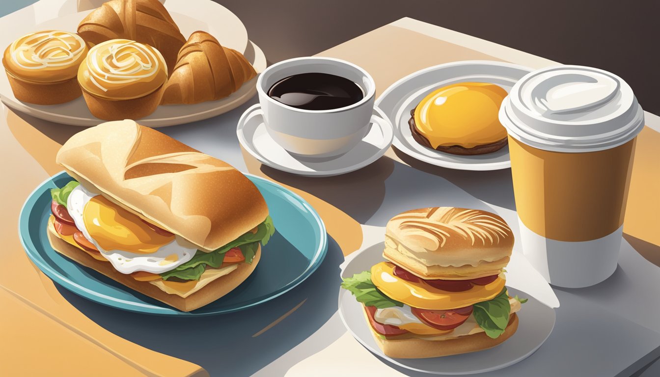 A breakfast sandwich and sweet pastries displayed on a table with a to-go coffee cup