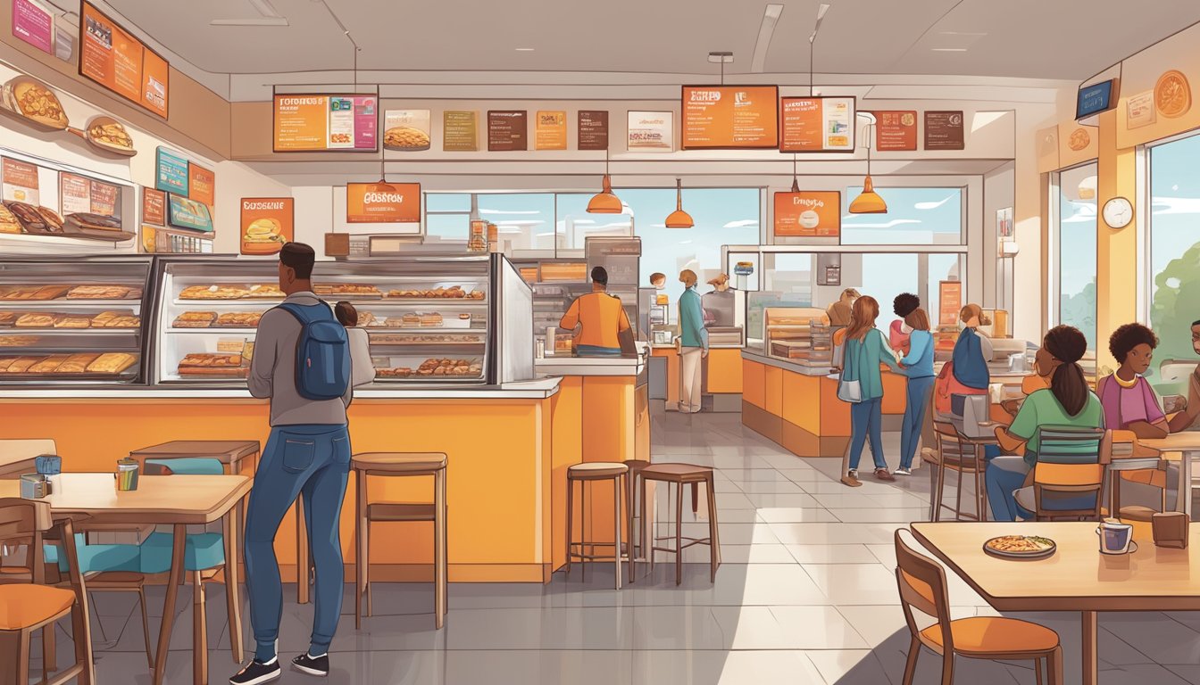 A bustling Dunkin' store with a diverse menu of breakfast sandwiches, pastries, and coffee drinks. Customers enjoy their meals at tables or take them to go