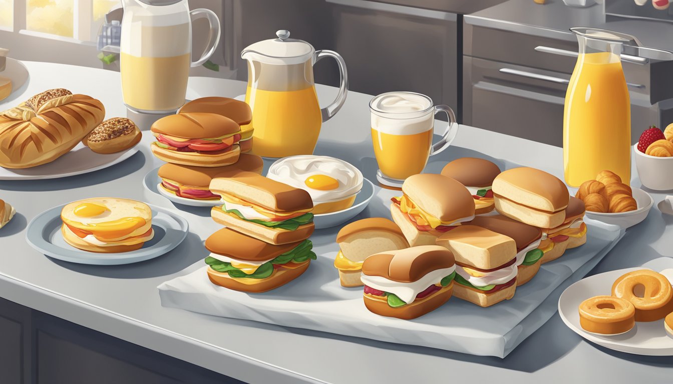 The scene depicts a colorful array of breakfast sandwiches, alongside a variety of freshly baked pastries, displayed on a clean, modern counter