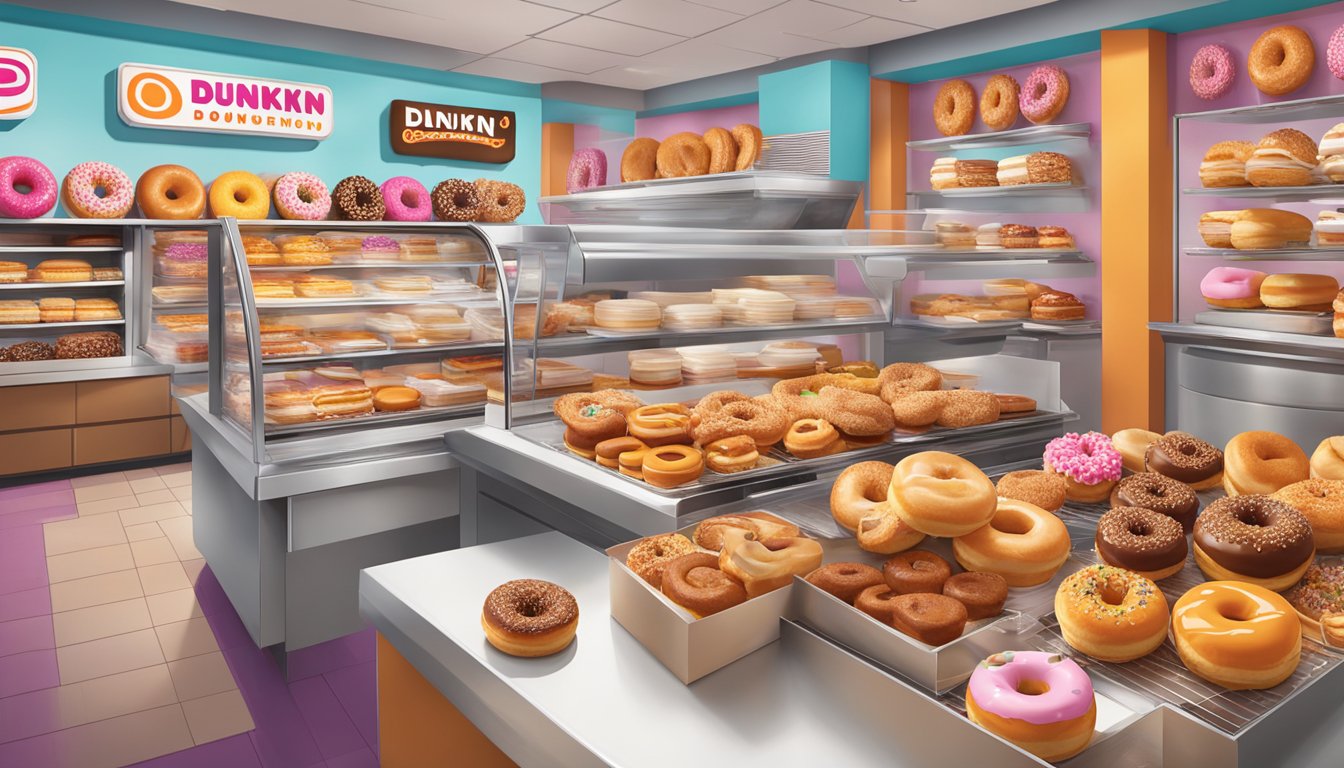 A vibrant display of donuts, coffee, and breakfast sandwiches arranged on a counter in a bustling Dunkin' store