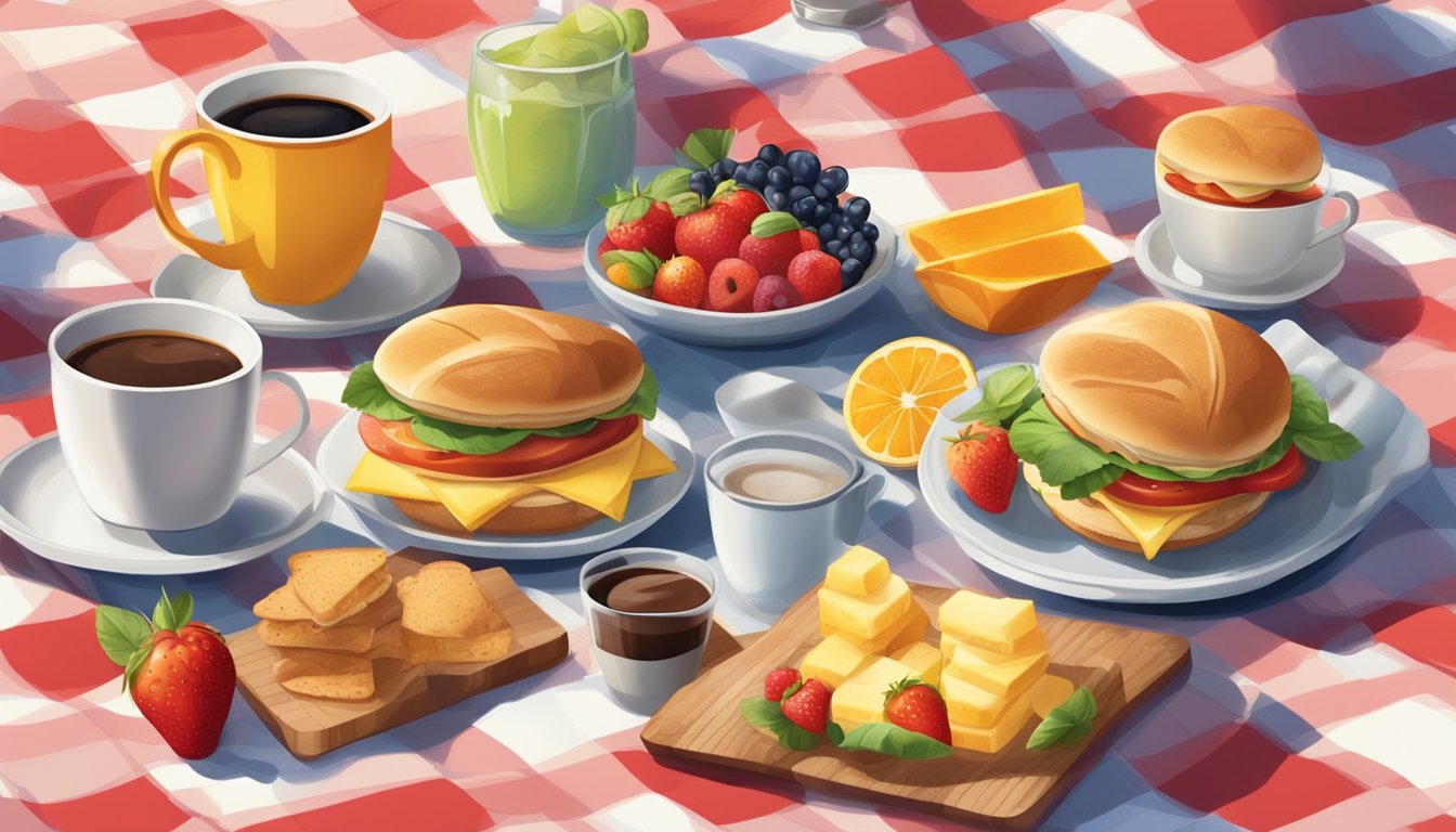 A sunny morning picnic with a variety of breakfast sandwiches laid out on a checkered blanket, surrounded by fresh fruit and steaming cups of coffee