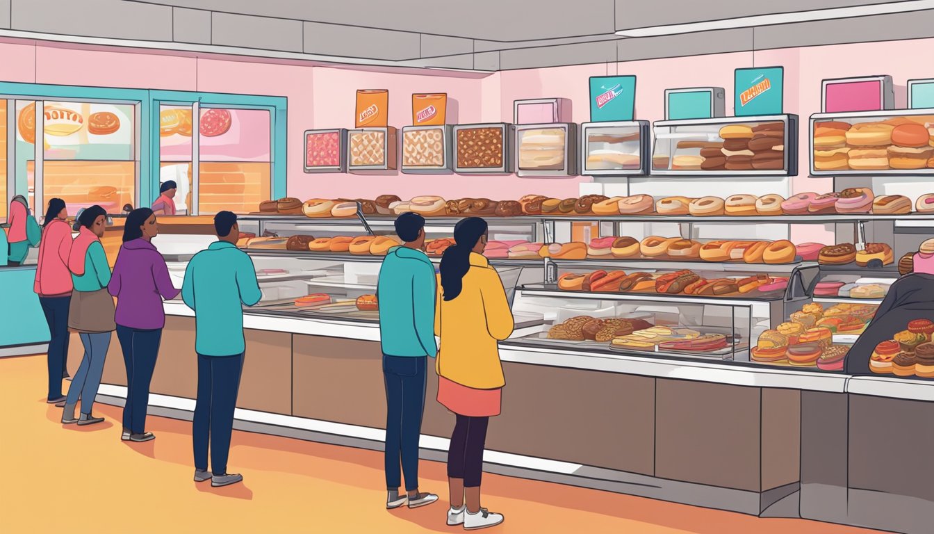 A bustling Dunkin' store with a colorful array of doughnuts and breakfast sandwiches on display, while customers eagerly line up at the counter