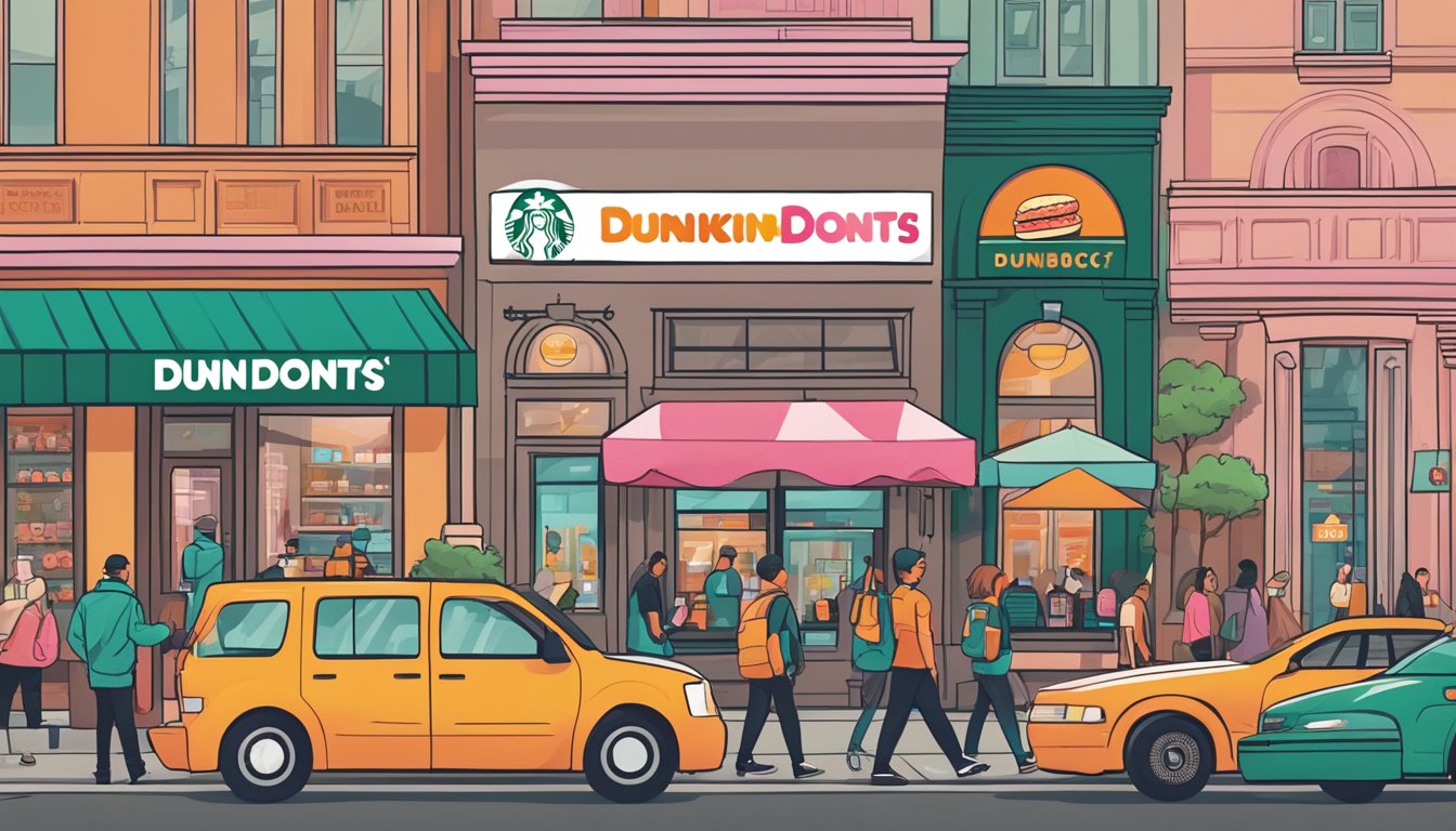 A bustling city street with a Dunkin' Donuts and Starbucks side by side, each with a line of customers and their iconic logos displayed prominently