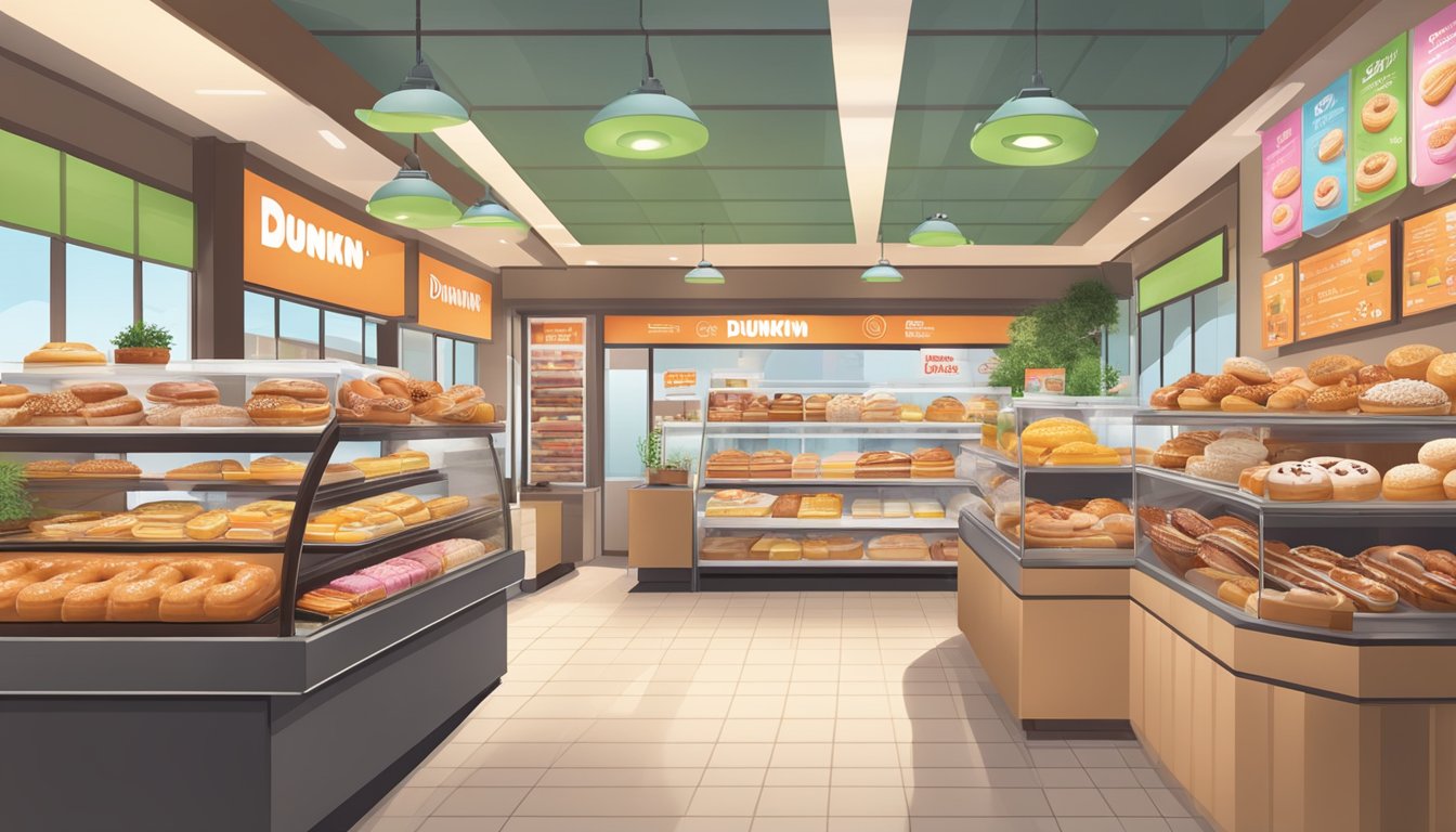 A bustling Dunkin' store with a display of fresh doughnuts and breakfast sandwiches, surrounded by eco-friendly packaging and greenery