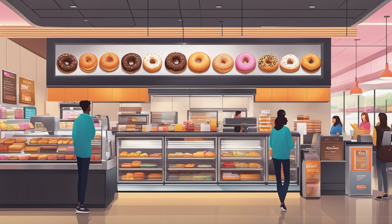 A bustling Dunkin' store with a display of doughnuts and breakfast sandwiches, customers ordering at the counter, and a modern, sleek menu board overhead