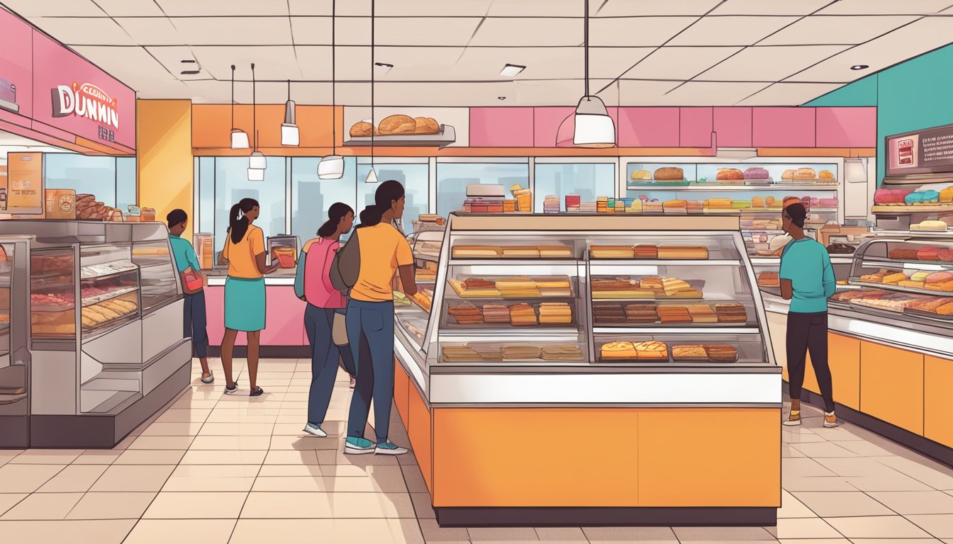 A bustling Dunkin' store with a wide array of breakfast sandwiches and pastries on display, customers eagerly ordering from the revamped menu