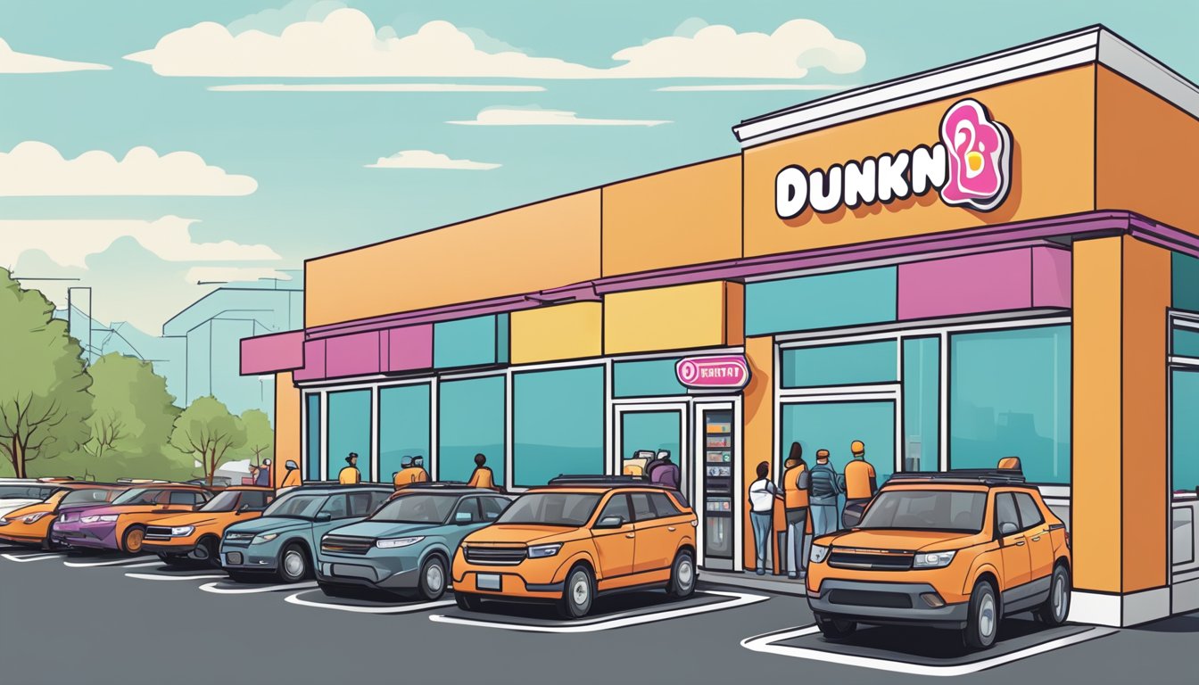 A busy Dunkin' drive-thru with multiple cars lined up, a well-organized ordering and pickup window, and efficient staff managing the flow of customers