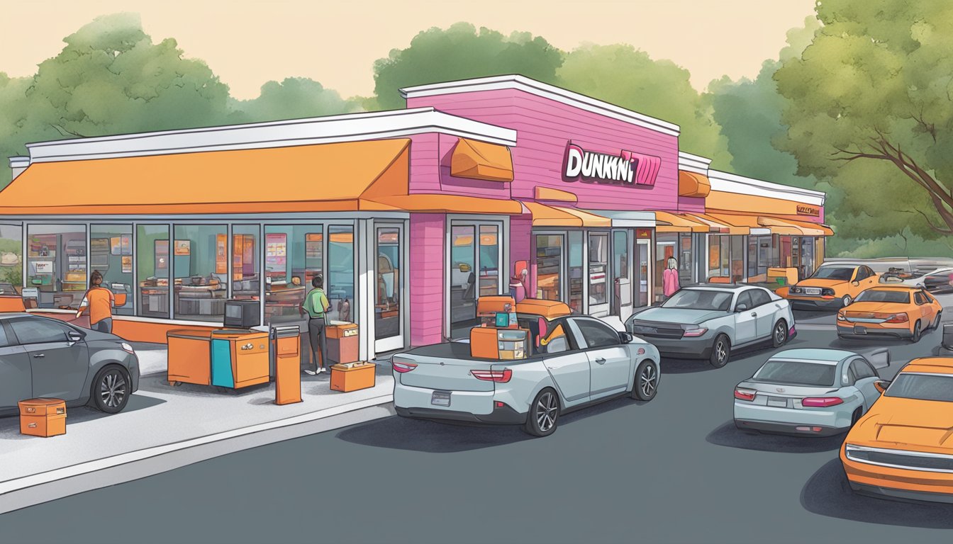 A busy Dunkin' drive-thru with multiple cars in line, a well-organized layout, and efficient staff serving customers quickly