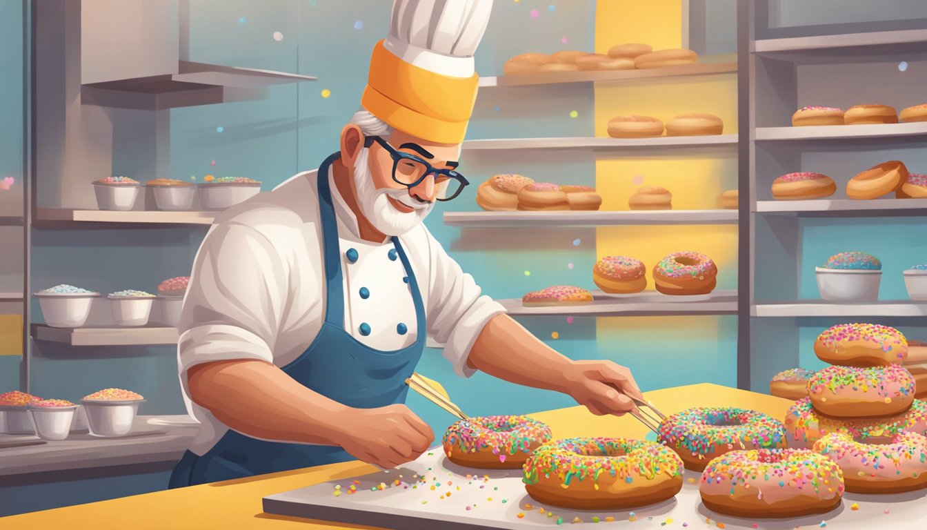 A baker carefully glazes a freshly fried doughnut, adding colorful sprinkles with precision