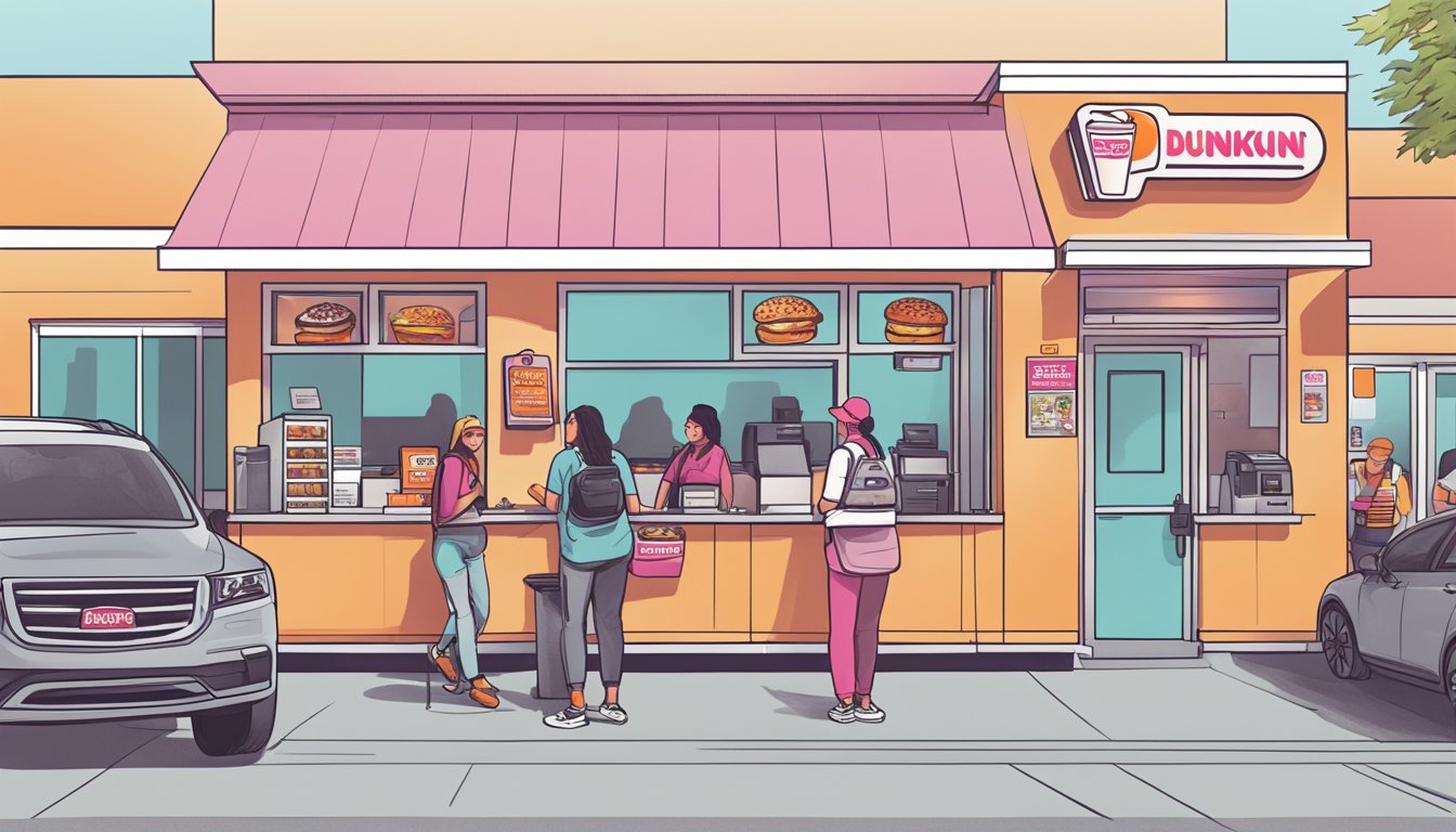 A bustling Dunkin' drive-thru with a diverse menu and efficient service