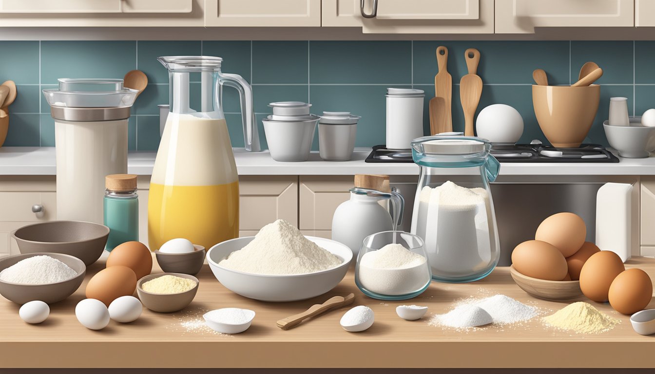 A variety of ingredients, including flour, sugar, and eggs, are laid out on a clean, well-lit kitchen counter. A mixing bowl and measuring cups are also present, ready for use