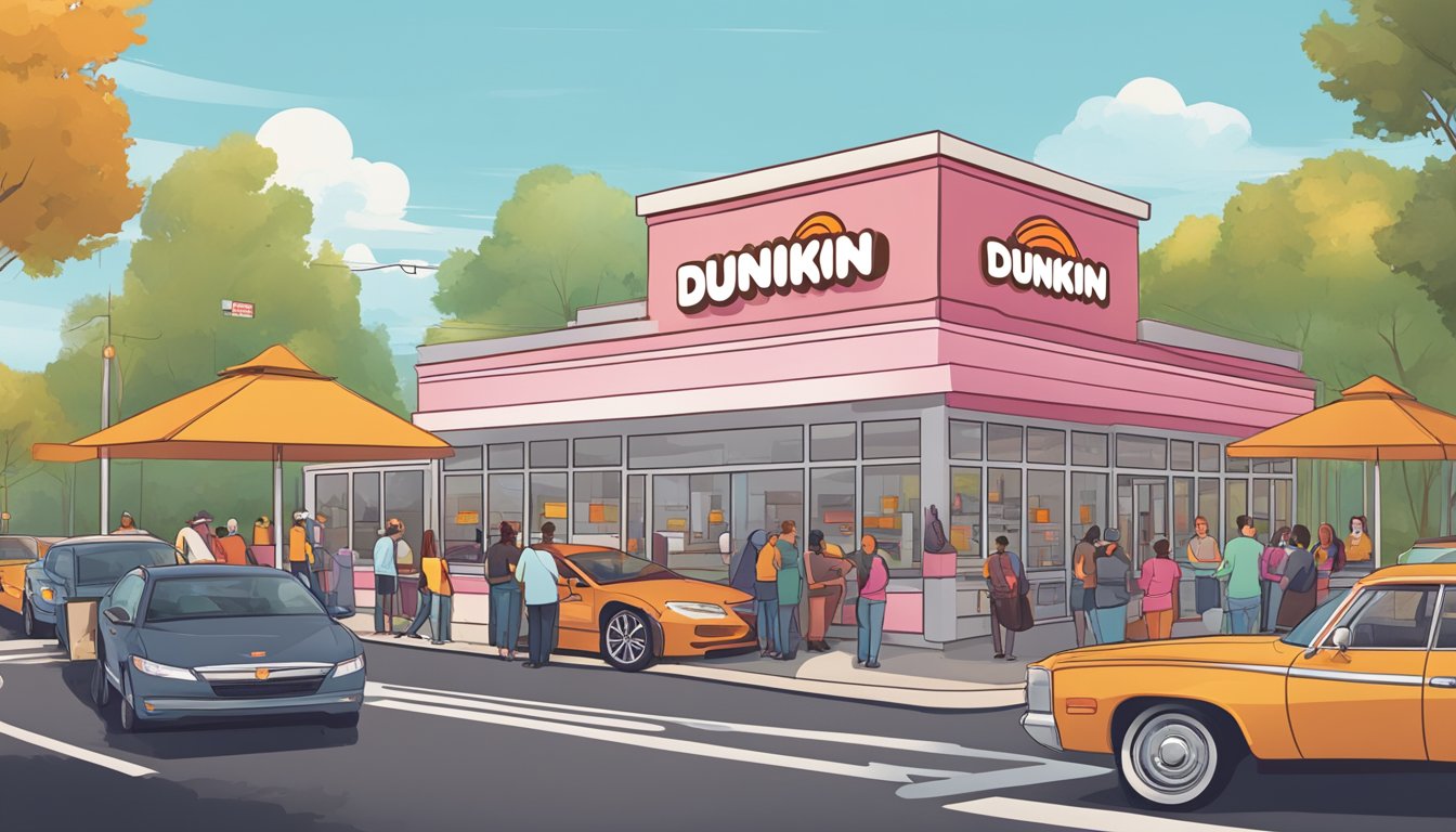 A bustling Dunkin' drive-thru with cars lined up, efficient staff serving customers, and a prominent sales chart displaying strong financial performance