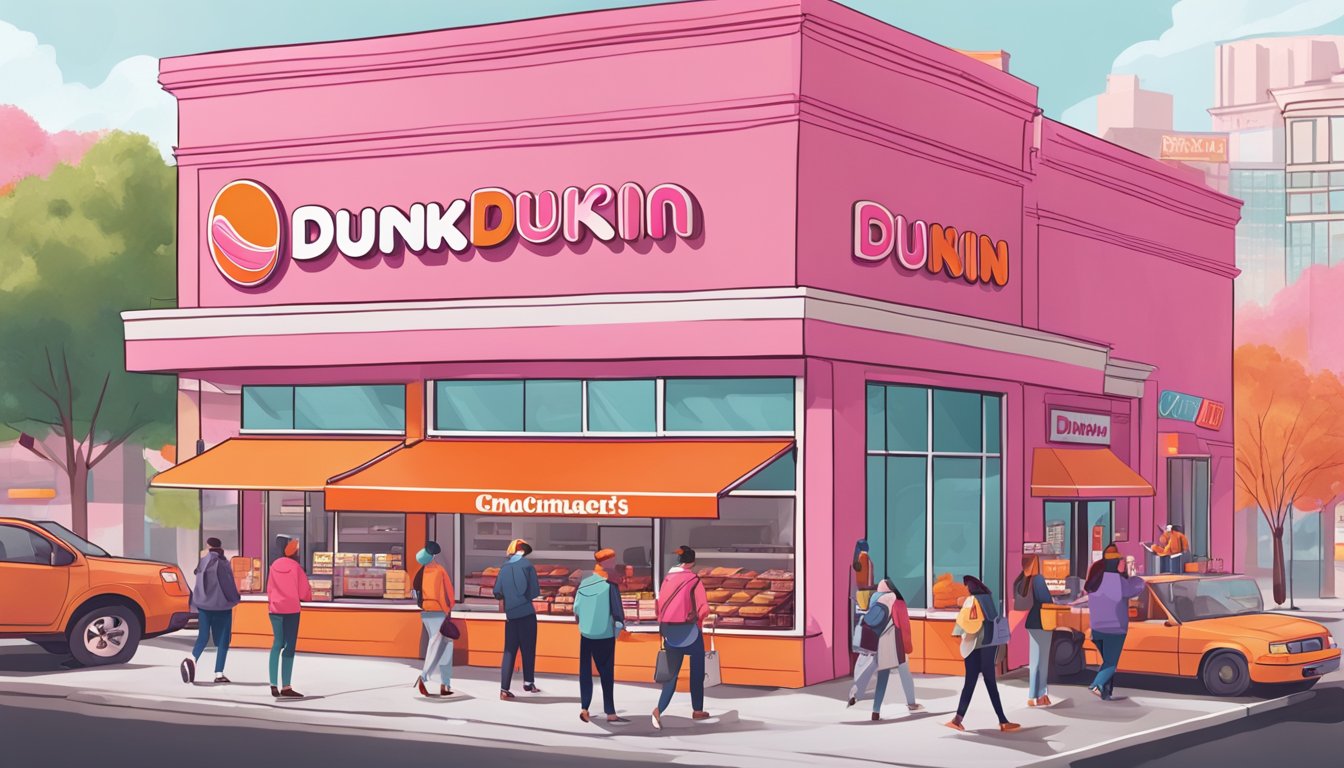 A bustling Dunkin' store with iconic pink and orange branding, customers enjoying coffee and donuts, and a sense of community and familiarity