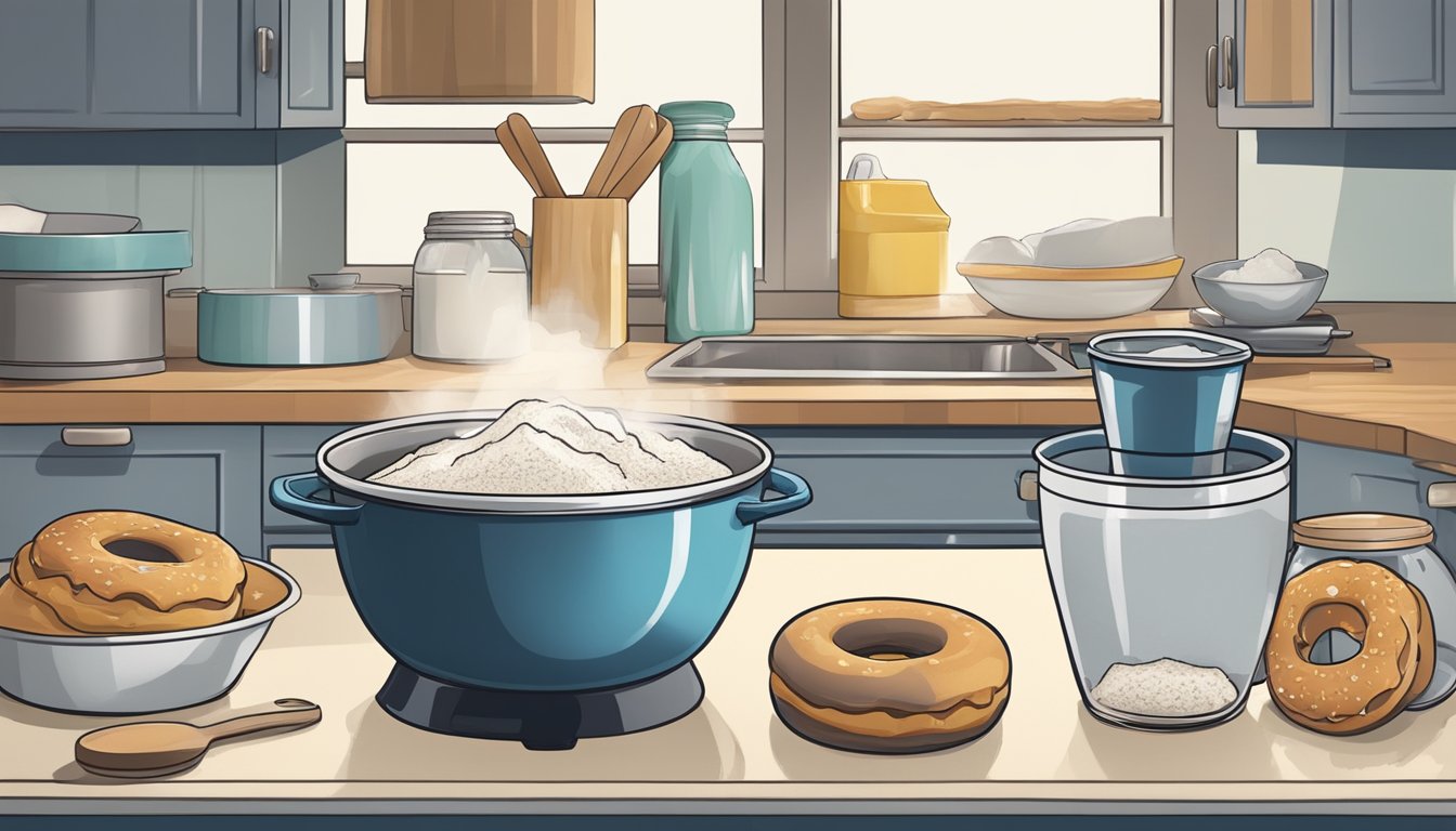 A cluttered kitchen counter with a mixing bowl, flour, sugar, and a rolling pin. A doughnut cutter and a deep fryer are ready for use