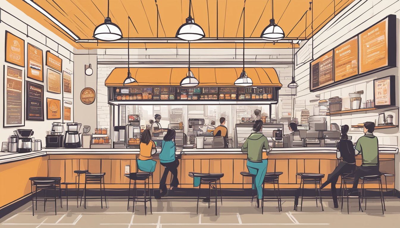 A bustling coffee shop with a timeline of menu items evolving from classic to innovative, showcasing the influence of Dunkin' on American coffee culture