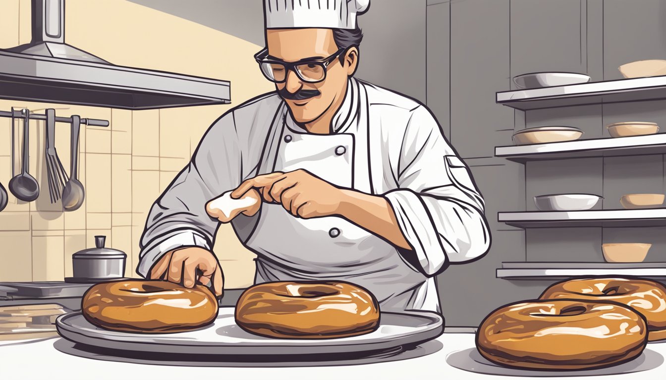 A chef carefully dips a freshly fried doughnut into a glaze, ensuring every inch is coated before setting it aside to dry