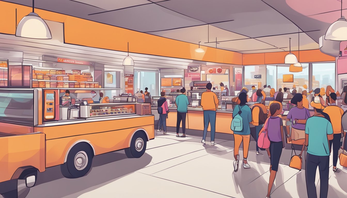 A bustling Dunkin' store with modern coffee machines, drive-thru lanes, and mobile order pickup, surrounded by busy commuters and customers on-the-go