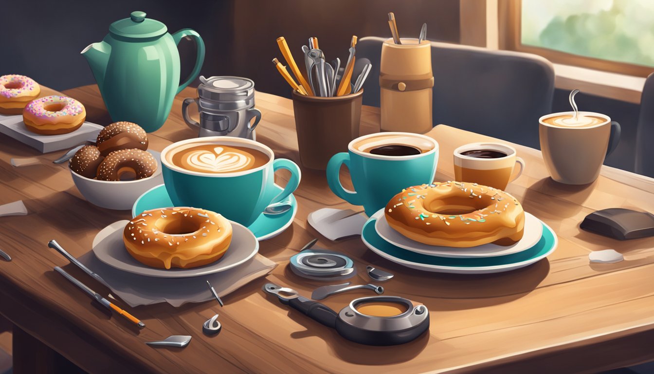 A table with various doughnuts, coffee, and troubleshooting tools like a wrench and screwdriver, surrounded by a cozy café atmosphere