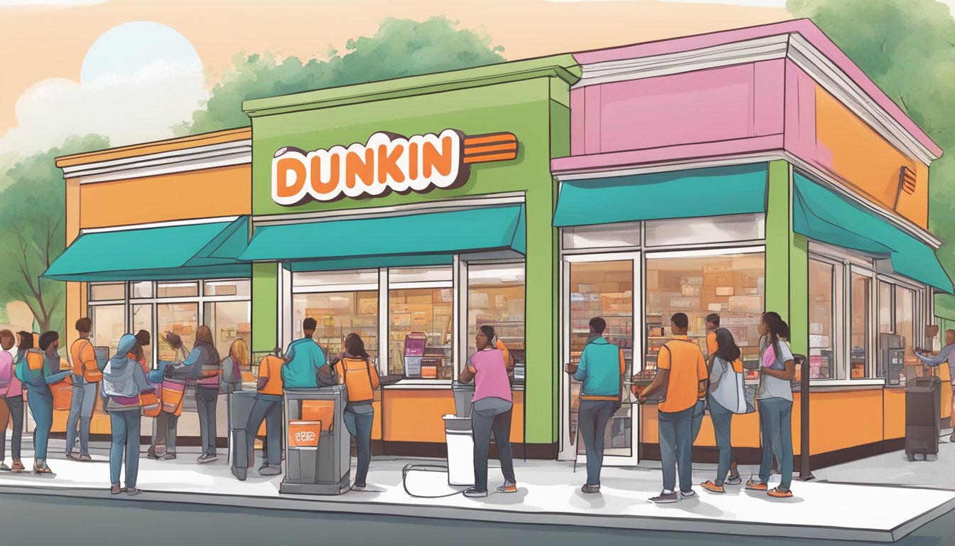 A bustling Dunkin' store with customers using reusable cups, a recycling station, and employees participating in a community clean-up