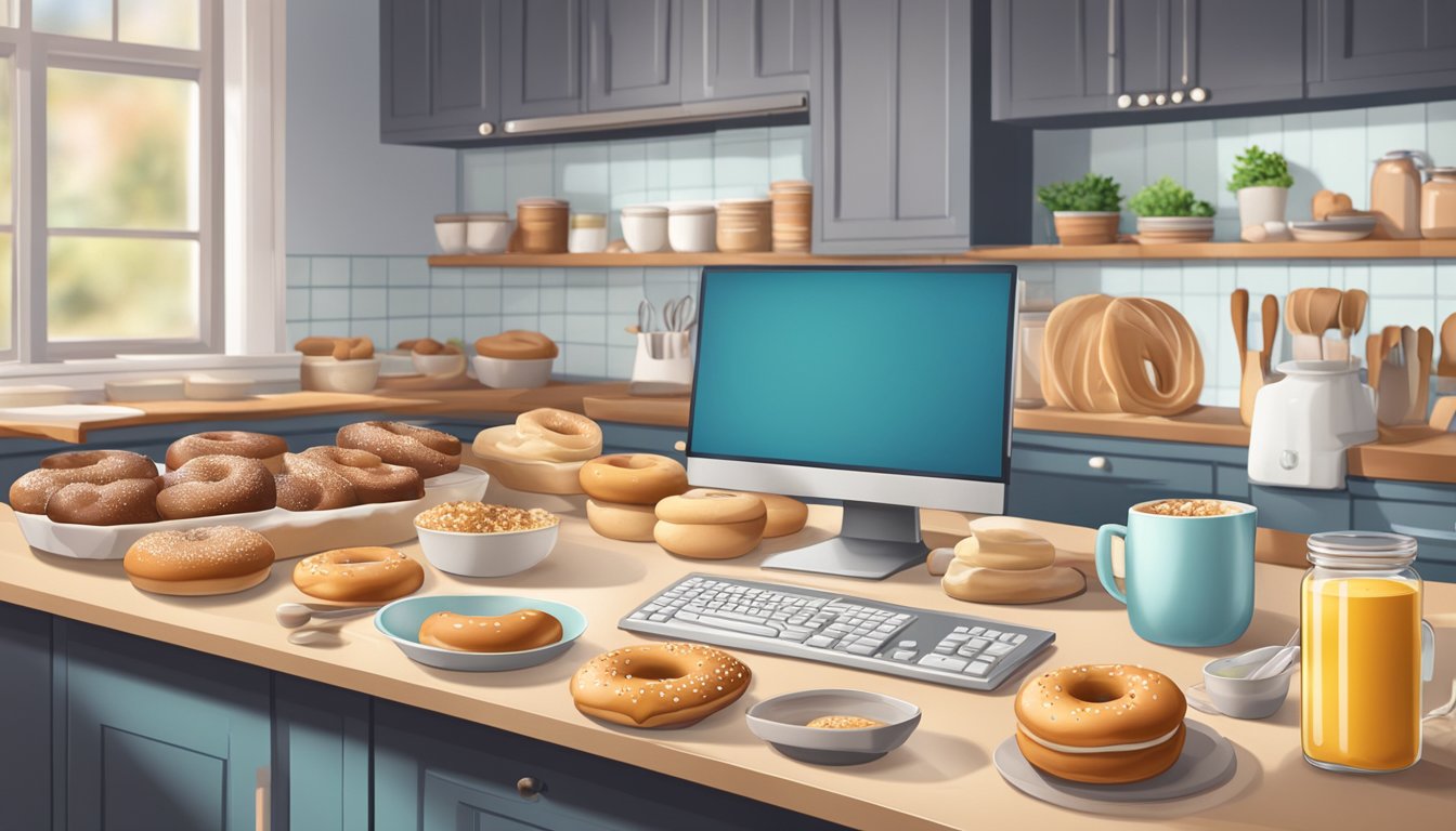 A cluttered home kitchen with baking ingredients and utensils, a freshly baked batch of doughnuts, and a computer screen displaying a baking game