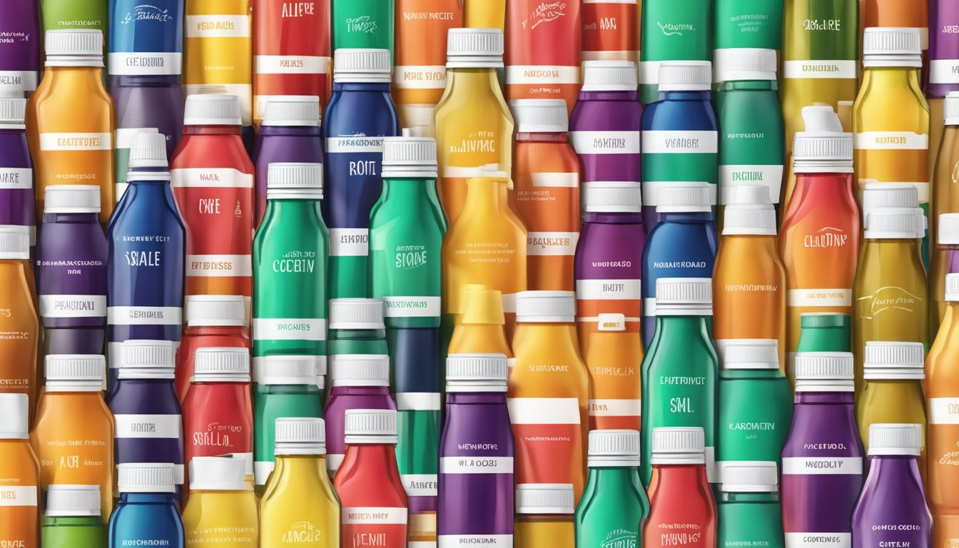 A colorful array of flavor shot bottles arranged on a clean, white countertop. Each bottle labeled with a different flavor and color