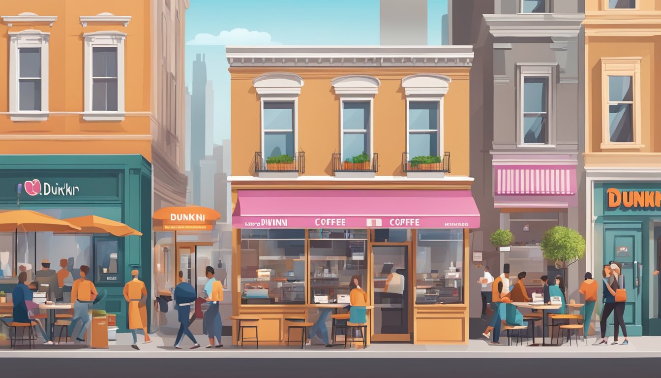 A bustling coffee shop with a prominent Dunkin' sign, surrounded by competing cafes in a busy American city