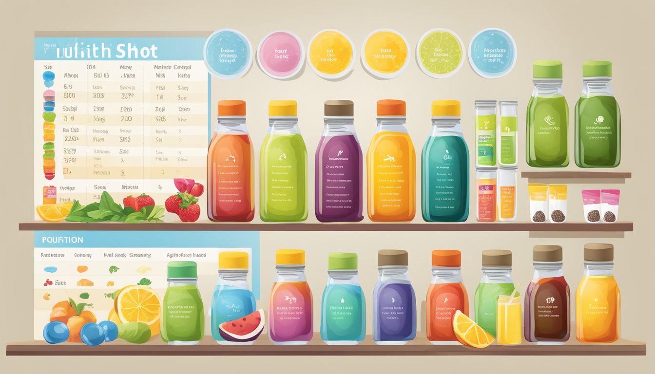 A colorful array of flavor shot bottles arranged next to a nutritional information chart and a variety of healthy food options