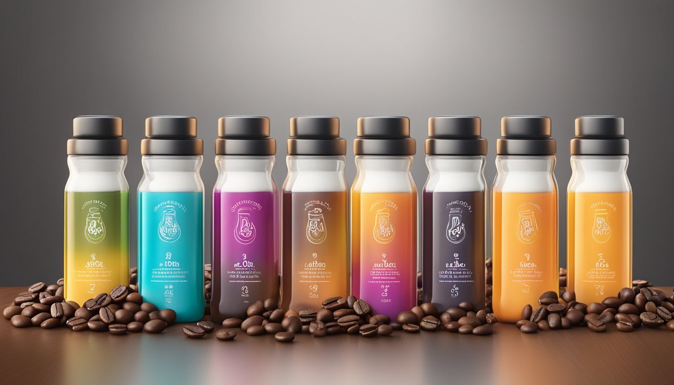 A colorful array of flavor shot bottles arranged on a sleek countertop, surrounded by coffee beans and frothy mugs