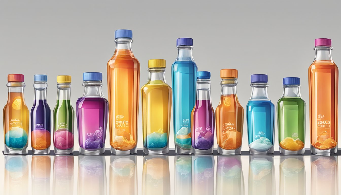 A colorful array of flavor shot bottles arranged on a sleek counter, with a variety of beverages in different sized cups nearby