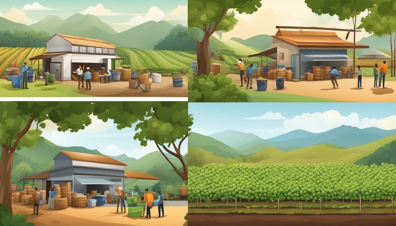 A coffee bean farm with workers harvesting beans, a roasting facility, and a coffee shop with eco-friendly packaging and recycling bins