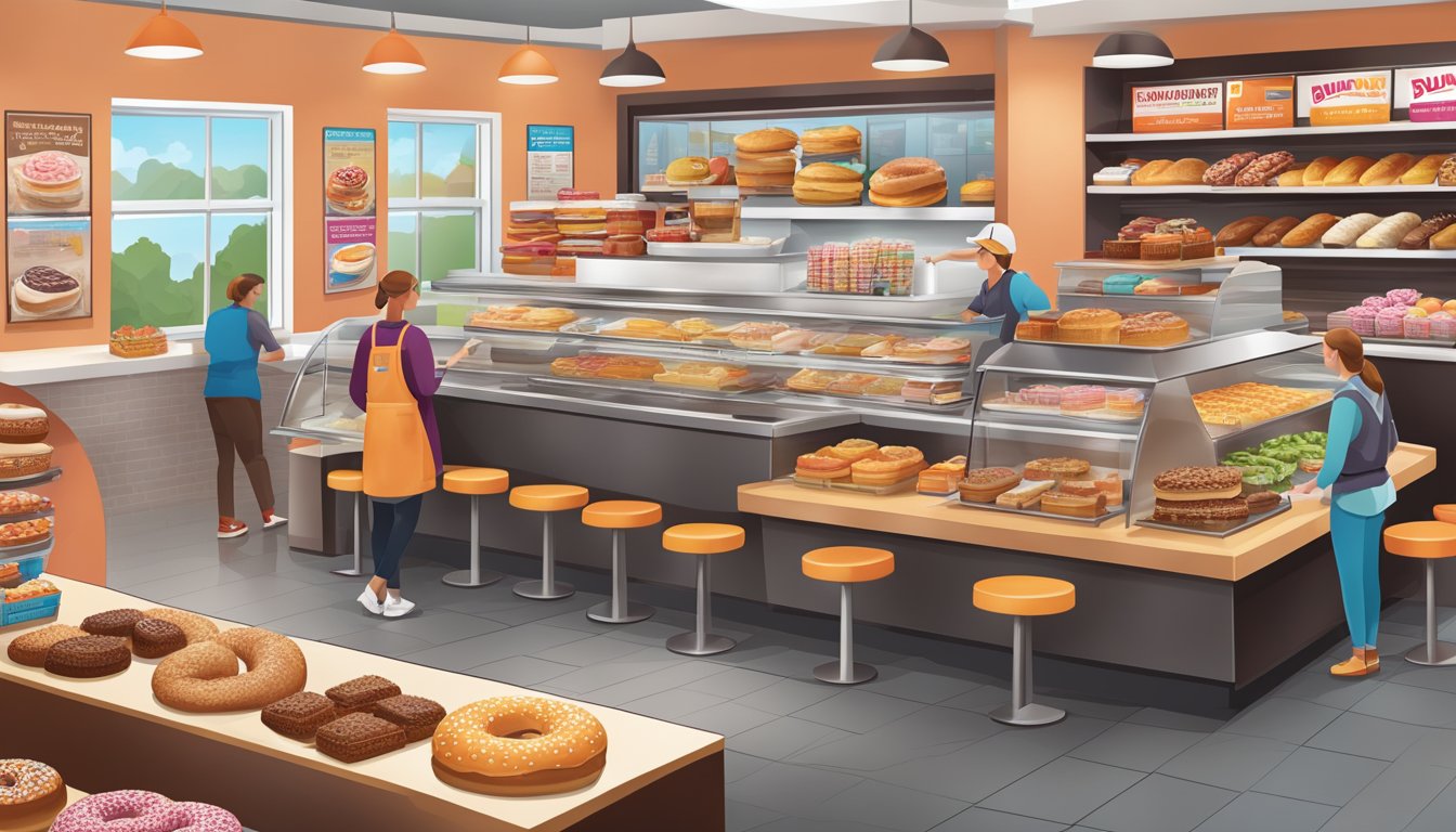 A bustling Dunkin' Donuts store with a variety of classic menu items on display, surrounded by different regional specialties from across the United States